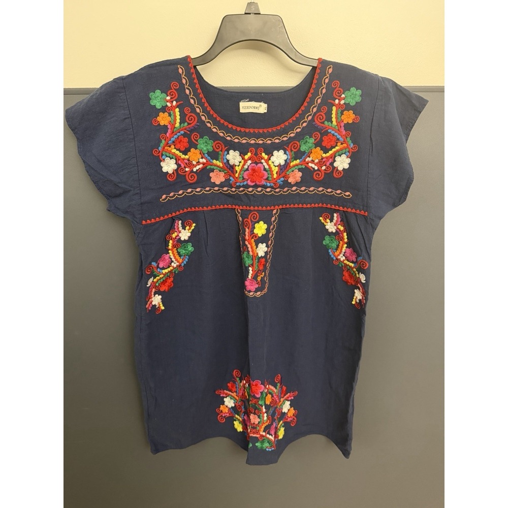 YZXDORWJ Dress Womens XL‎ Navy Blue Embroidered Floral Boho Mexican Puebla Tunic